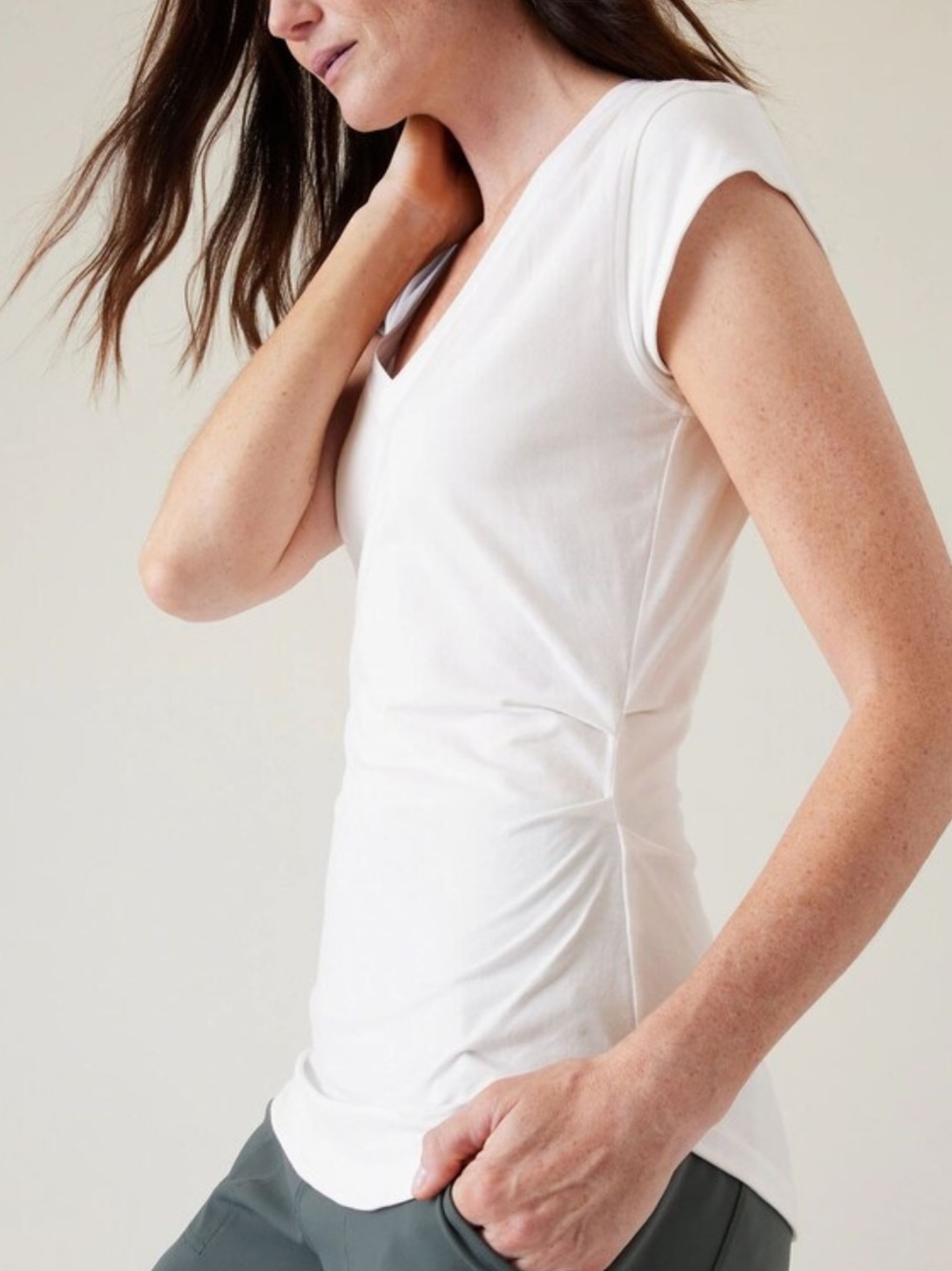 Athleta White V-Neck Athleta White Outbound V-Neck T-Shirt Cap Sleeve Top Medium